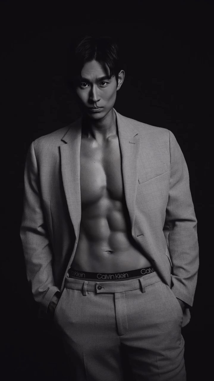 흑백 바디프로필, 재킷만 걸친 박기태